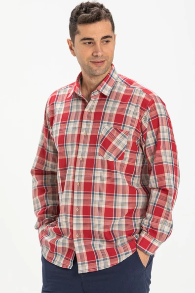 Uzun Kol Şile Bezi Tek Cepli Erkek Yazlık Gömlek Kırmızı Lacivert Ekose 3057 XL Kırmızı Lacivert Ekose - Resim 3