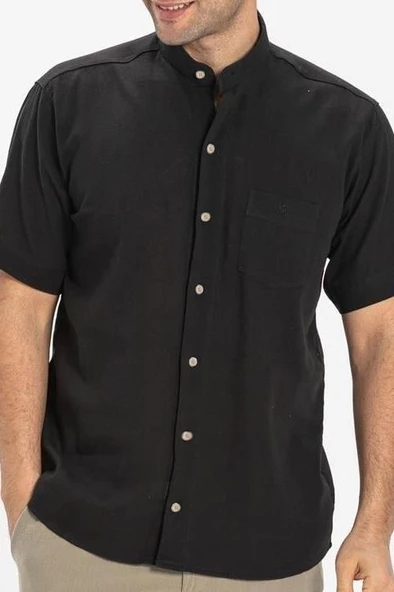 Kısa Kol Şile Bezi Hakim Yaka Tek Cepli Erkek Yazlık Gömlek Siyah 3003 - Resim 3
