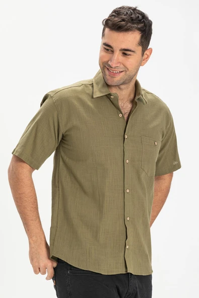 Kısa Kol Şile Bezi Tek Cepli Erkek Yazlık Gömlek Haki 3049 2XL Haki - Resim 3
