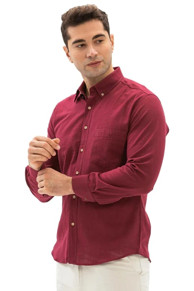 Uzun Kol Dar Kalıp Şile Bezi Tek Cepli Erkek Yazlık Gömlek Koyu Bordo 3068 XL Koyu Bordo - Resim 6