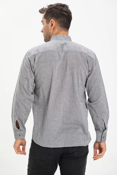 Uzun Kol Şile Bezi Hakim Yaka Tek Cepli Erkek Yazlık Gömlek Gri 3076 M Gri - Resim 2