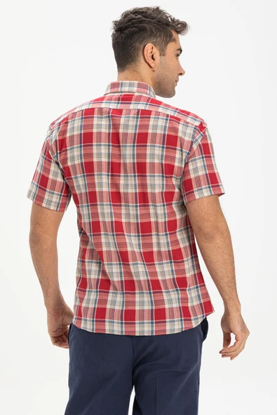 Kısa Kol Dar Kalıp Şile Bezi Tek Cepli Erkek Yazlık Gömlek Kırmızı Lacivert Ekose 3057 - Resim 2