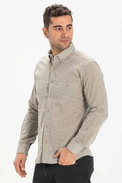 Uzun Kol Dar Kalıp Şile Bezi Tek Cepli Erkek Yazlık Gömlek Taş 3031 XL Taş - Resim 3