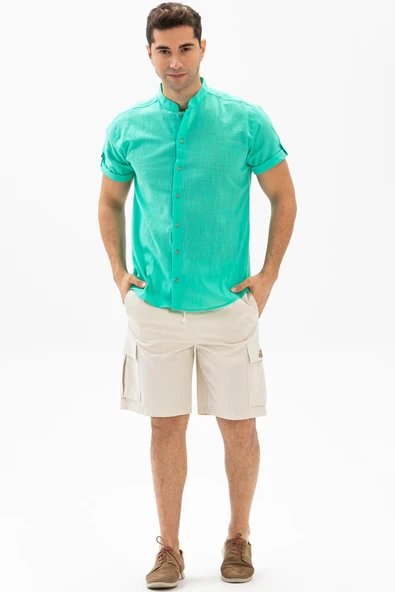 Kısa Kol Şantuklu Pamuk Bodrum Yazlık Erkek Gömlek Su Yeşili 3047 - Resim 4