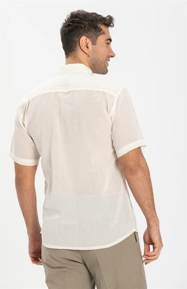 Büyük Beden Kısa Kol Şile Bezi Tek Cepli Erkek Yazlık Gömlek Krem 3002 4XL Krem - Resim 2