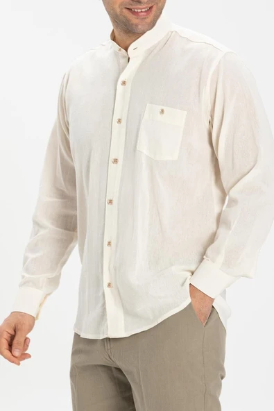 Büyük Beden Uzun Kol Şile Bezi Hakim Yaka Tek Cepli Erkek Yazlık Gömlek Krem 3002 5XL Krem - Resim 3