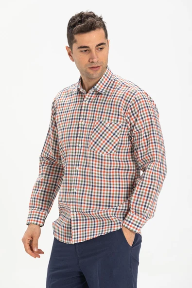 Uzun Kol Şile Bezi Tek Cepli Erkek Yazlık Gömlek Turuncu Lacivert Pötikare 3021 2XL Pötikare - Resim 3