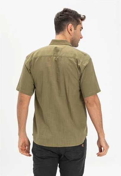 Büyük Beden Kısa Kol Şile Bezi Tek Cepli Erkek Yazlık Gömlek Haki 3049 4XL Haki - Resim 2