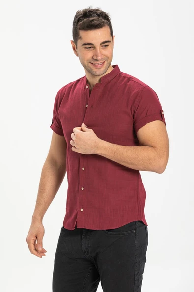 Kısa Kol Şantuklu Pamuk Bodrum Yazlık Erkek Gömlek Koyu Bordo 3068 L Bordo - Resim 4