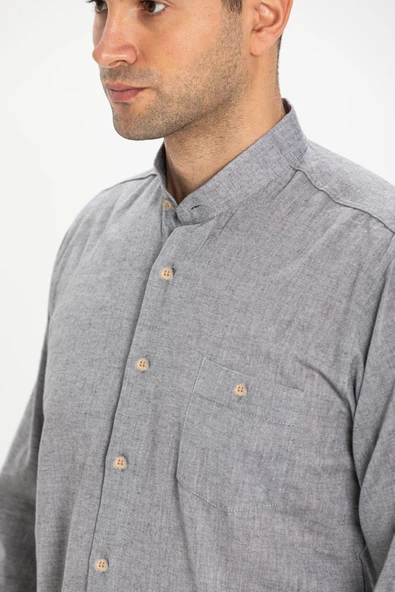 Uzun Kol Şile Bezi Hakim Yaka Tek Cepli Erkek Yazlık Gömlek Gri 3076 M Gri - Resim 3