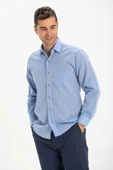 Uzun Kol Şile Bezi Tek Cepli Erkek Yazlık Gömlek Mavi 3032 L Mavi - Resim 3