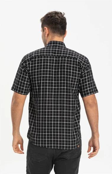 Büyük Beden Kısa Kol Şile Bezi Tek Cepli Erkek Yazlık Gömlek Siyah Kareli 3055 4XL Siyah Kareli - Resim 2