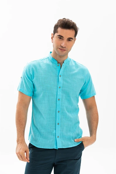 Kısa Kol Şantuklu Pamuk Bodrum Yazlık Erkek Gömlek Açık Turkuaz 3075 L Açık Turkuaz ürün görseli