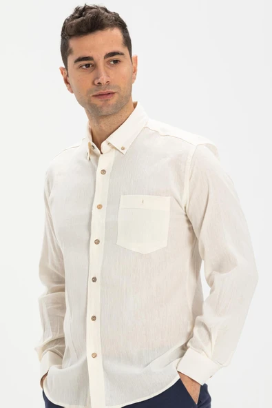 Uzun Kol Dar Kalıp Şile Bezi Tek Cepli Erkek Yazlık Gömlek Krem 3002 2XL Krem - Resim 3