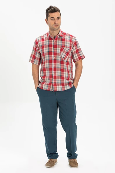 Kısa Kol Şile Bezi Tek Cepli Erkek Yazlık Gömlek Kırmızı Lacivert Ekose 3057 2XL Lacivert Ekose ürün görseli