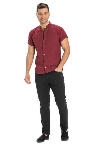 Kısa Kol Şantuklu Pamuk Bodrum Yazlık Erkek Gömlek Koyu Bordo 3068 3XL Koyu Bordo - Resim 7