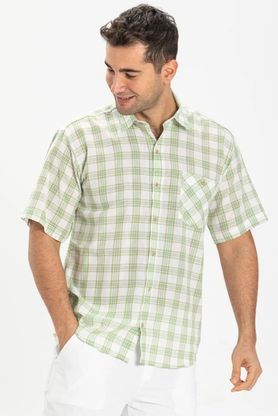 Kısa Kol Şile Bezi Tek Cepli Erkek Yazlık Gömlek Yeşil Ekose 3063 L Yeşil Ekose - Resim 3