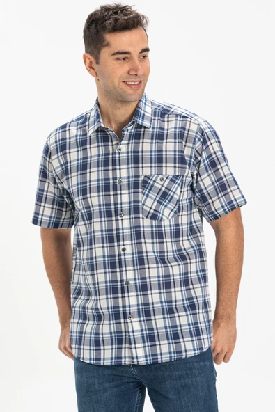 Kısa Kol Şile Bezi Tek Cepli Erkek Yazlık Gömlek Lacivert Ekose 3058 2XL Lacivert Ekose - Resim 4