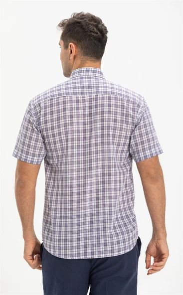 Büyük Beden Kısa Kol Şile Bezi Tek Cepli Erkek Yazlık Gömlek Mor Kareli 3035 4XL Mor Ekose - Resim 2