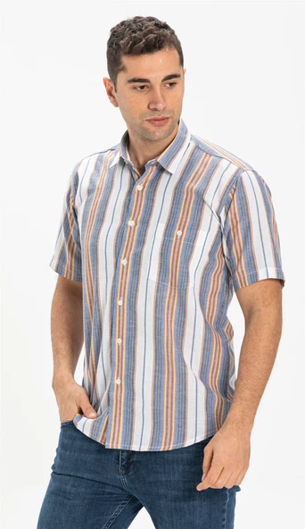 Büyük Beden Kısa Kol Şile Bezi Tek Cepli Erkek Yazlık Gömlek Mavi Gri Çizgili 3037 ürün görseli