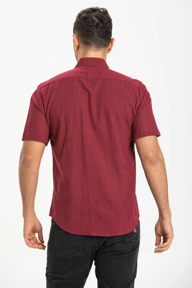 Kısa Kol Dar Kalıp Şile Bezi Tek Cepli Erkek Yazlık Gömlek Koyu Bordo 3068 XL Koyu Bordo - Resim 2