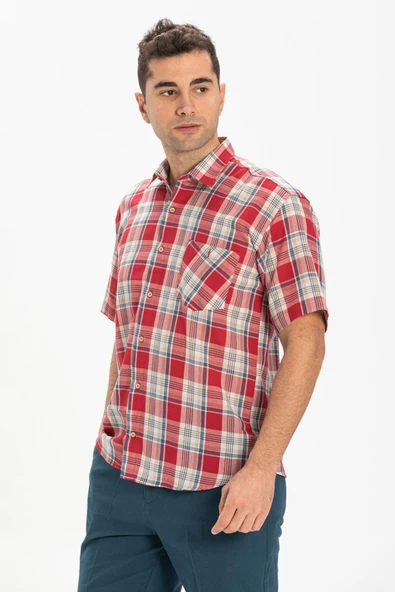 Kısa Kol Şile Bezi Tek Cepli Erkek Yazlık Gömlek Kırmızı Lacivert Ekose 3057 2XL Lacivert Ekose - Resim 3