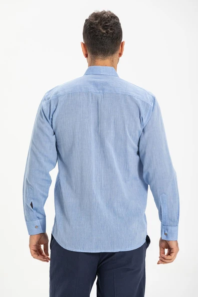 Uzun Kol Şile Bezi Tek Cepli Erkek Yazlık Gömlek Mavi 3032 2XL Mavi - Resim 2