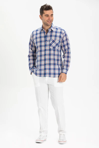 Uzun Kol Şile Bezi Tek Cepli Erkek Yazlık Gömlek Saks Ekose 3060 2XL Saks Ekose ürün görseli