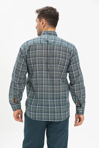 Uzun Kol Şile Bezi Hakim Yaka Tek Cepli Erkek Yazlık Gömlek Haki Ekose 3041 XL Haki Ekose - Resim 2