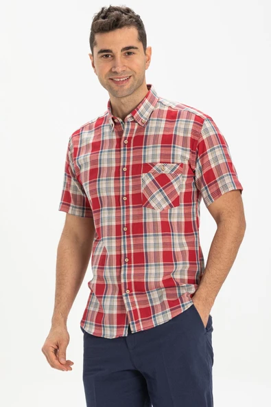Kısa Kol Dar Kalıp Şile Bezi Tek Cepli Erkek Yazlık Gömlek Kırmızı Lacivert Ekose 3057 S Kırmızı Lacivert Ekose ürün görseli