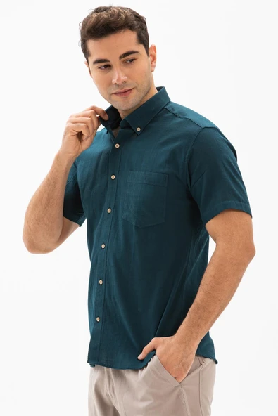 Kısa Kol Dar Kalıp Şile Bezi Tek Cepli Erkek Yazlık Gömlek Koyu Petrol 3069 L Koyu Petrol - Resim 3