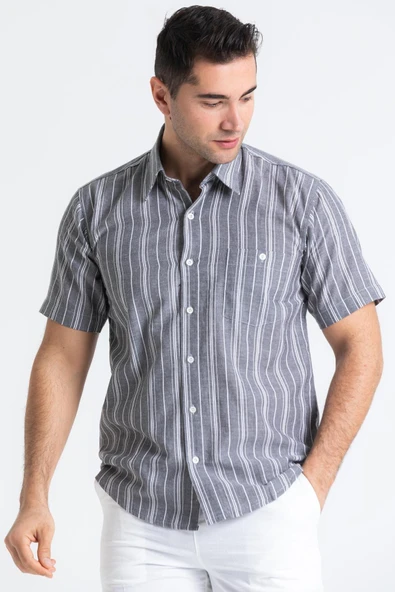 Büyük Beden Kısa Kol Şile Bezi Tek Cepli Erkek Yazlık Gömlek Gri Beyaz Çizgili 3078 4XL Gri Beyaz Çizgili - Resim 3