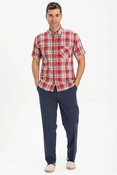 Kısa Kol Dar Kalıp Şile Bezi Tek Cepli Erkek Yazlık Gömlek Kırmızı Lacivert Ekose 3057 S Kırmızı Lacivert Ekose - Resim 4