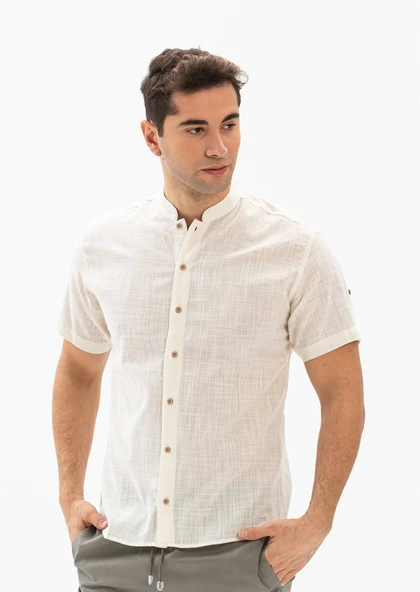 Kısa Kol Şantuklu Pamuk Bodrum Yazlık Erkek Gömlek Krem 3002 3XL Krem ürün görseli