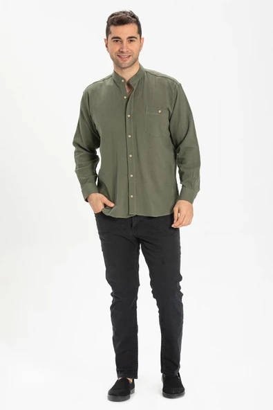 Uzun Kol Şile Bezi Hakim Yaka Tek Cepli Erkek Yazlık Gömlek Haki 3049 2XL Haki ürün görseli