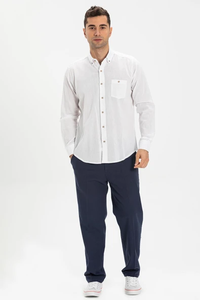 Uzun Kol Dar Kalıp Şile Bezi Tek Cepli Erkek Yazlık Gömlek Beyaz 3001 M Beyaz ürün görseli