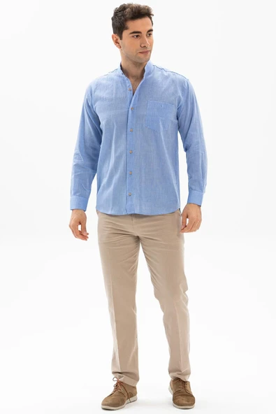 Uzun Kol Şile Bezi Hakim Yaka Tek Cepli Erkek Yazlık Gömlek Mavi 3032 L Mavi - Resim 4