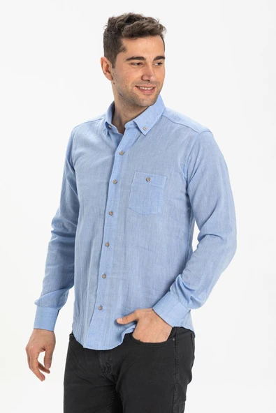 Uzun Kol Dar Kalıp Şile Bezi Tek Cepli Erkek Yazlık Gömlek Mavi 3032 XL Mavi - Resim 3