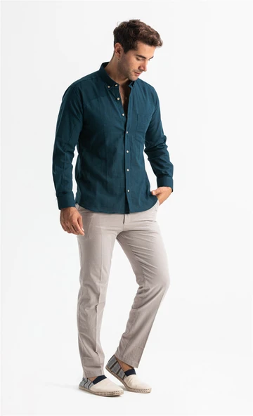 Uzun Kol Dar Kalıp Şile Bezi Tek Cepli Erkek Yazlık Gömlek Koyu Petrol 3069 S Koyu Petrol - 4
