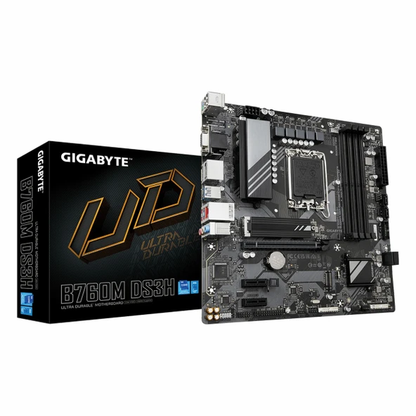 Gigabyte B760M DS3H DDR5 (7600MHz)OC M.2 VGA/HDMI/DP/USB-C PCIe 4.0 1700P mATX Anakart - 1