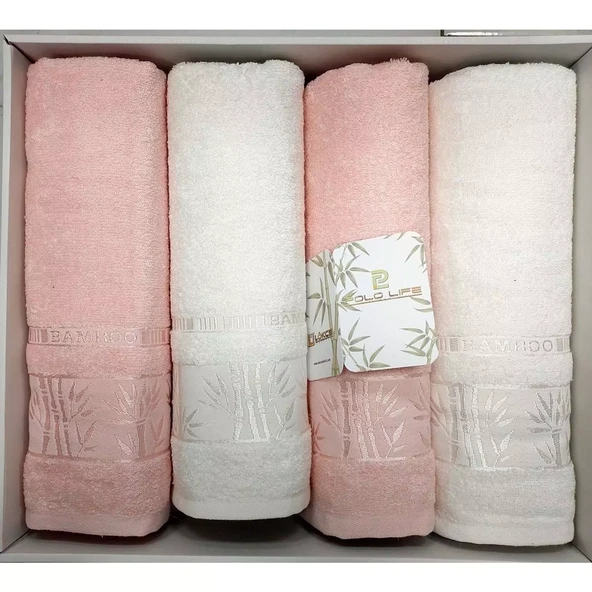 Polo Life 4 Parça Bamboo Hamam Seti (Büyük Boy), Banyo Havlu Takımı-Pembe Krem