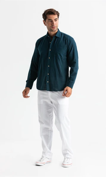 Uzun Kol Şile Bezi Tek Cepli Erkek Yazlık Gömlek Koyu Petrol 3069 L Koyu Petrol - Resim 4