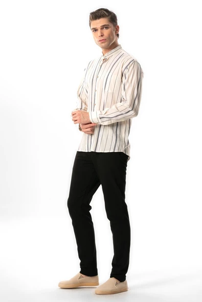 Uzun Kol Şile Bezi Hakim Yaka Tek Cepli Erkek Yazlık Gömlek Ekru Gri Çizgili 3028 M Ekru Gri Çizgili - Resim 4