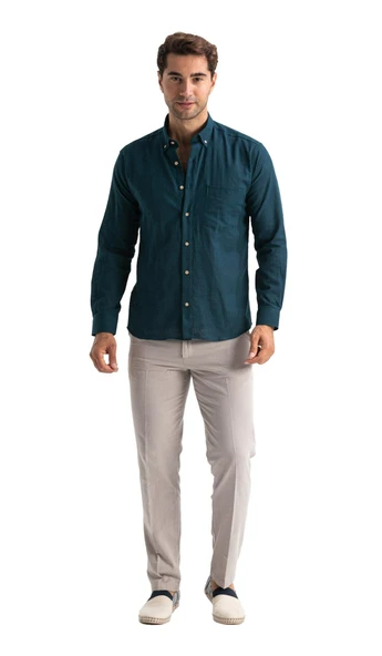 Uzun Kol Dar Kalıp Şile Bezi Tek Cepli Erkek Yazlık Gömlek Koyu Petrol 3069 - Resim 6