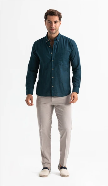 Uzun Kol Dar Kalıp Şile Bezi Tek Cepli Erkek Yazlık Gömlek Koyu Petrol 3069 S Koyu Petrol