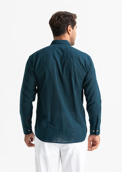 Uzun Kol Şile Bezi Tek Cepli Erkek Yazlık Gömlek Koyu Petrol 3069 S Koyu Petrol - Resim 2