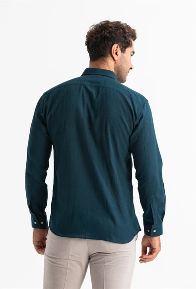 Uzun Kol Dar Kalıp Şile Bezi Tek Cepli Erkek Yazlık Gömlek Koyu Petrol 3069 - Resim 2