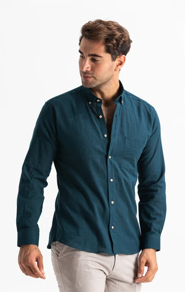 Uzun Kol Dar Kalıp Şile Bezi Tek Cepli Erkek Yazlık Gömlek Koyu Petrol 3069 S Koyu Petrol - 3