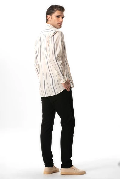 Uzun Kol Şile Bezi Hakim Yaka Tek Cepli Erkek Yazlık Gömlek Ekru Gri Çizgili 3028 M Ekru Gri Çizgili - Resim 2