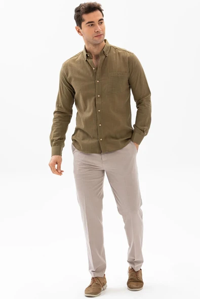 Uzun Kol Dar Kalıp Şile Bezi Tek Cepli Erkek Yazlık Gömlek Haki 3049 - Resim 4